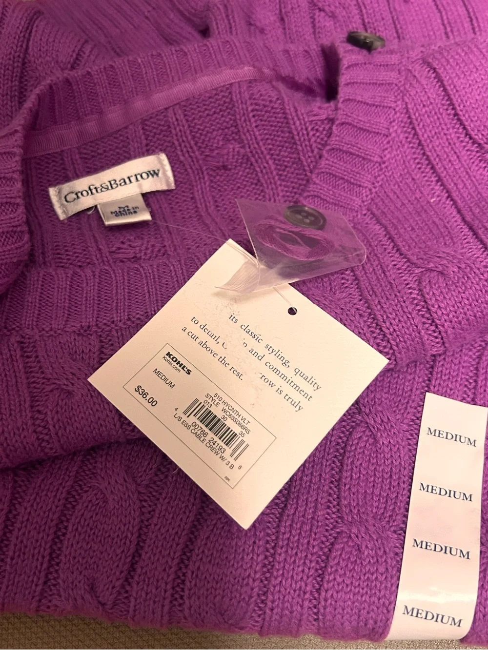 NWT Croft & Barrow Lavender Cable Knit Crewneck Sweater Button Detail Medium